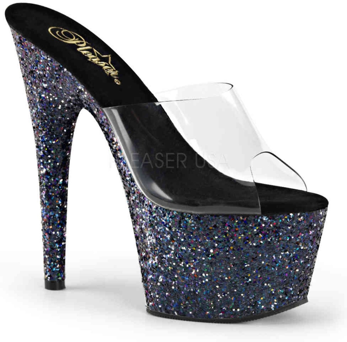 EU 38 = US 8 | ADORE-701LG | 7 Heel, 2 3/4 PF Slide W/Holo Glitter Bottom